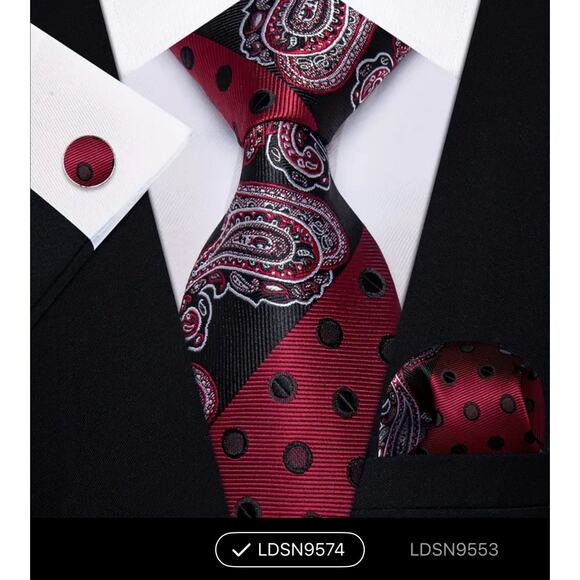 Men’s Silk Coordinated Tie Set - Red Black Paisley and Polka Dots - Picture 2 of 4
